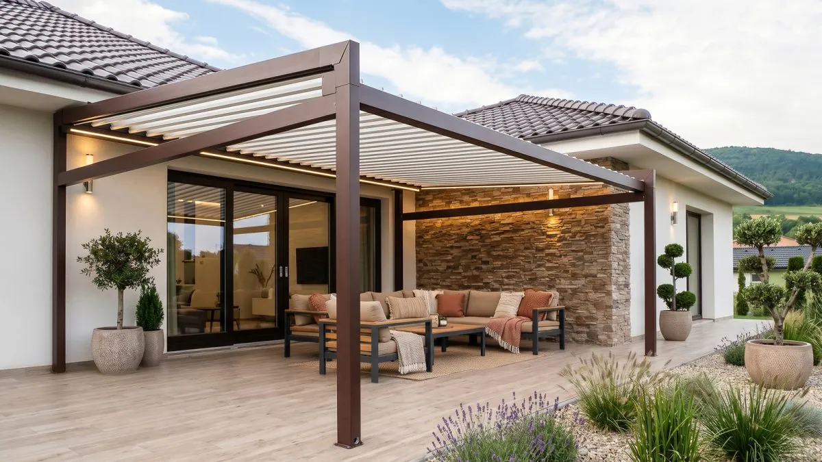 Bioklimatická pergola v priamom dotyku s domom a veľkým presklením obývačky 